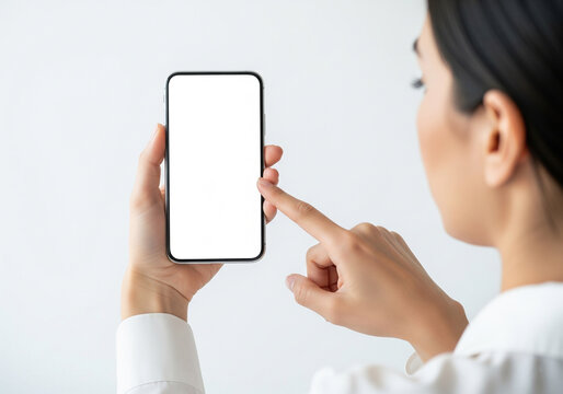 A woman's hand taps a modern smartphone with a blank white screen, perfect for a mockup of an app or website design.