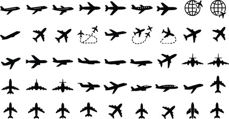 
Airplane silhouette set, top view flight icons, aircraft vector illustrations, aviation symbols collection, airplane shapes, flying plane icons, travel and air transport vectors, airplane front and s