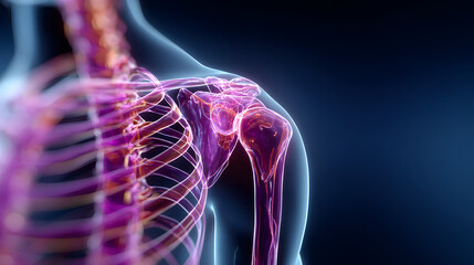 Shoulder joint replacement implant - X-ray view - Medically 3D illustration with blue background