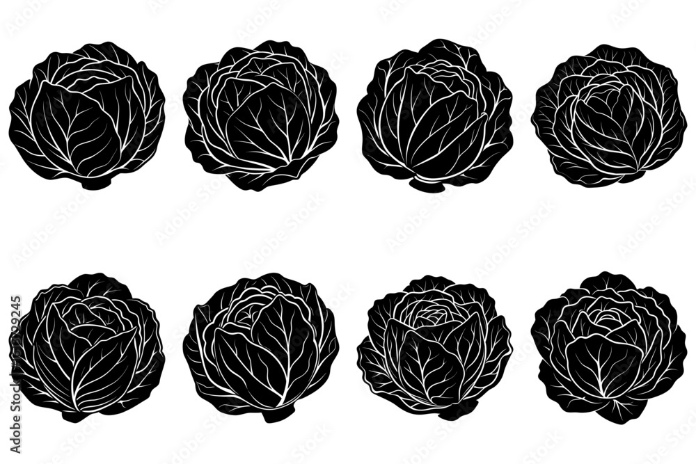 Poster eight black and white stylized cabbage heads arranged in a two by four rectangular grid pattern