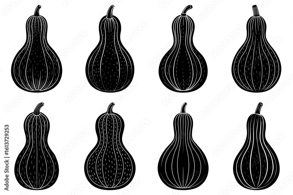 Poster eight black and white bottle gourds arranged in two rows with varying textures and shapes of the gou