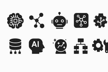 Set of black outline icons illustrating technology, AI, and data systems