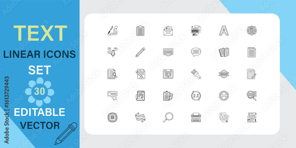 Poster thirty editable vector linear icons for text editing, including symbols for writing, formatting, and