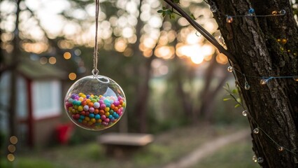 Colourful Easter eggs delicately hang like festive ornaments on a winter fir branch, celebrating the holiday season