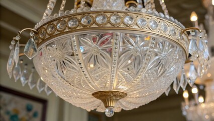 Antique gold and silver crystal chandeliers illuminate the church, with a decorative lamp on the wall and an old candlestick by the window