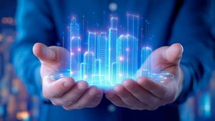 Hands holding glowing wireframe cityscape hologram with blue digital skyscrapers emerging from hands against blurred blue background. - Powered by Adobe