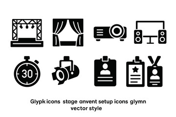 Set of black glyph-style icons depicting stage and event setup