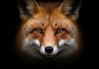 Fototapeta premium Intense Gaze: Red Fox Portrait Against Black Background, Dramatic Lighting, Wildlife Photography