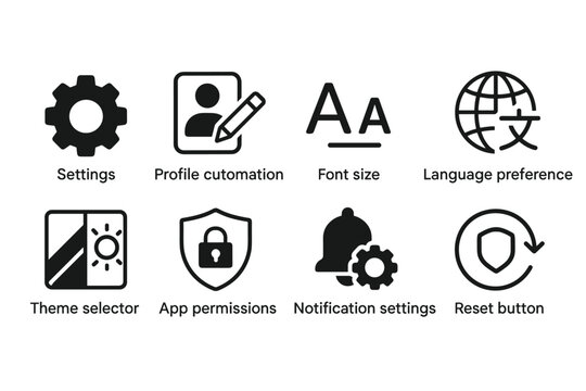 Set of black and white outline icons for settings, profile automation, font size, language preference, theme selector, app permissions, notification settings, reset button
