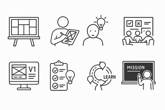 Set of linear icons for design, planning, and teamwork in black outline style