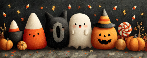 Playful "Boo" with candy corn and jack-o"-lanterns, cheerful Halloween scene