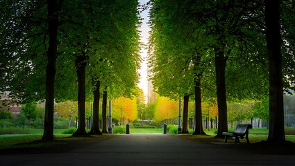 Obraz premium Symmetrical tree lined pathway leading to a bright sunny horizon