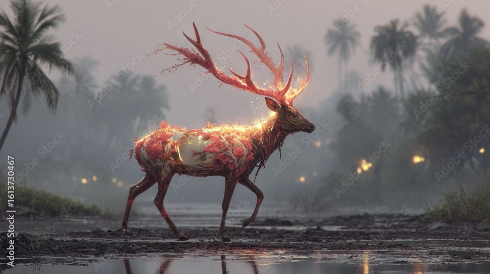 Canvas Prints a deer with red antlers strolling through a swampy area surrounded by palm trees and illuminated ant