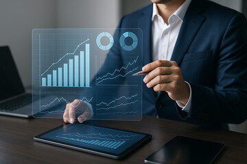 Corporate professional interacting with virtual financial dashboard showing performance metrics, line charts, and investment trends