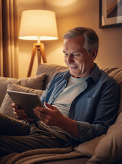Fototapeta premium An elderly man smiling warmly as he uses a digital tablet while sitting on a cozy couch, illuminated by soft, warm lighting. The scene conveys comfort, curiosity, and the positive experience of learn