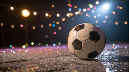 A black and white soccer ball sits on a stadium field, ready for an exciting night game