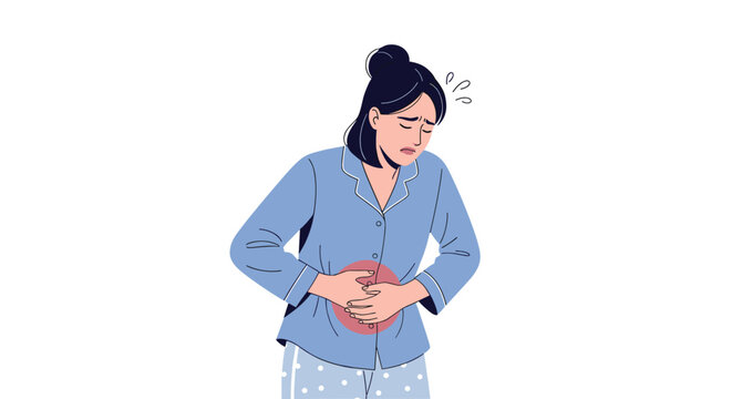Woman experiencing severe abdominal pain and discomfort clutching her stomach feeling unwell and nauseous illustration