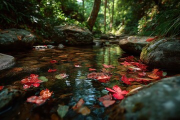Amber and Red Leaves Float Down Shallow Stream with Stones and Reflections