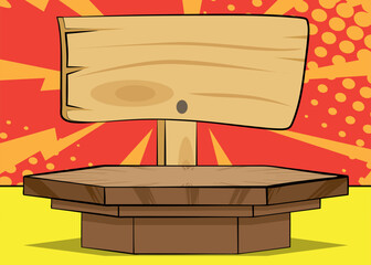Comic Book Product podium stage for mockup presentation with wood signboard. Retro comics background.