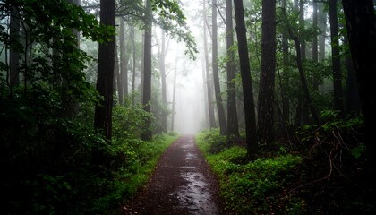 Misty forest path scenery