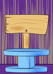 Comic Book Product podium stage for mockup presentation with wood signboard. Retro comics background.