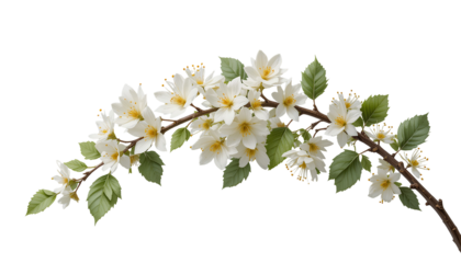 Digital Painting of Flowering Branch – White and Yellow Blossoms with Green Leaves and Brown Stems on Transparent Background