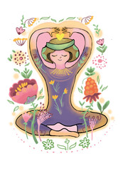This illustration depicting a woman in a lotus yoga pose, surrounded by whimsical flowers and botanical elements in a vibrant and organic composition. Wellness illustration, mindfulness illustration