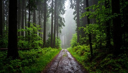 Misty path through forest