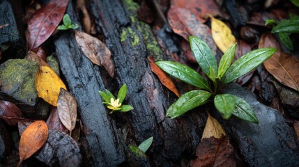Naklejka premium Small Plant Emerging Among Wet Leaves and Rocks