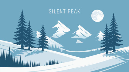 Winter Mountain Landscape with Moonrise – Snow-Capped Peaks, Pine Forest, and Peaceful Evening Scene in Snowy Weather for Holiday Cards and Seasonal Designs

