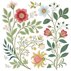  Vintage floral botanical drawing with blooming stems and buds.