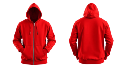 Red hoodie with zipper in front and back view, mockup isolated on transparent background