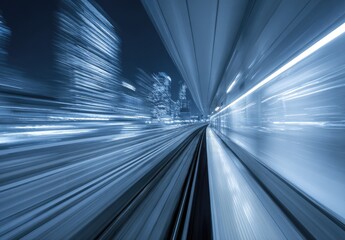Fast-moving train through a tunnel at night
