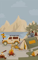 Landscape painting, camping, hiking by car, setting up tents around a campsite with firewood.