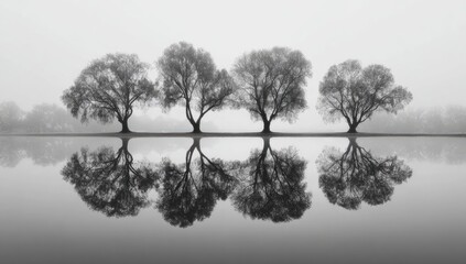 Misty morning, four trees reflected