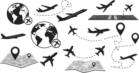  CAD drawing flat vector illustration of airplane travel route, world map, location pins, airport runway, aviation elements, flight paths © Maisa