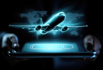 Hands holding tablet, digital airplane hovers