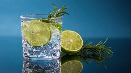   A glass of water with a lime slice and a sprig of rosemary on the rim