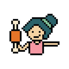 Fototapeta premium Pixel art cute cartoon 8bit character woman eat food meat hungry delicious lifestyle decor restaurant 8 bit female girl meal isolated png vector.
