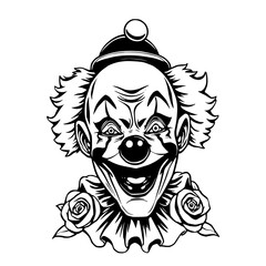 Fototapeta premium Menacing Clown Portrait: Black & White Tattoo Style Illustration with Roses