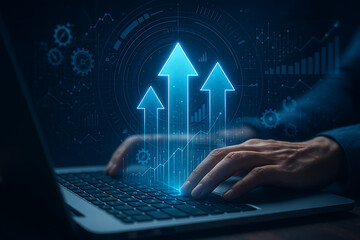 Digital business growth and analytics with upward arrows, futuristic dashboard, and hands typing on laptop keyboard