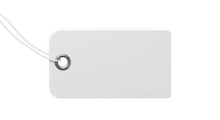 Blank white rectangular paper tag with rounded corners and a white string attached isolated on transparent background
