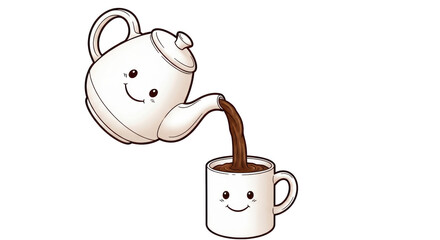 Isolated Cartoon Teapot Pouring Tea into Mug