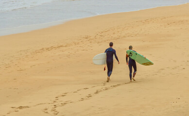 surfers strolling along the beach
