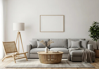 Photo of a bright living room with a sectional sofa, coffee table, and floor lamp