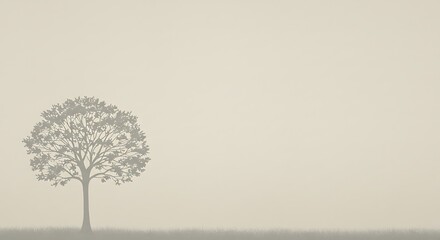 A solitary, stylized tree with a full canopy stands on a muted, grassy ground against a soft, neutral background.