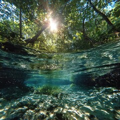 Crystal-clear, shallow spring flowing beneath a lush forest canopy. Sunlight streams through the trees