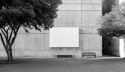Obraz premium Empty canvas on concrete wall, trees and benches