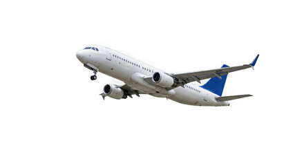 Obraz premium Modern white passenger jet airplane with blue accents ascending into the sky isolated on transparent background