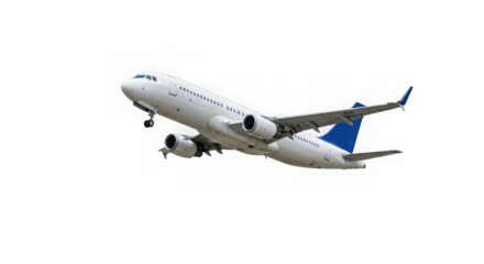 Modern white passenger jet airplane with blue accents ascending into the sky isolated on transparent background